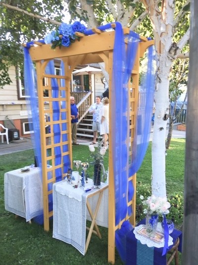 Blue and wood Altar at a wedding in Terrace BC