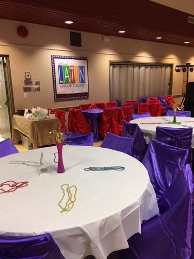 purple and red decorations at community event